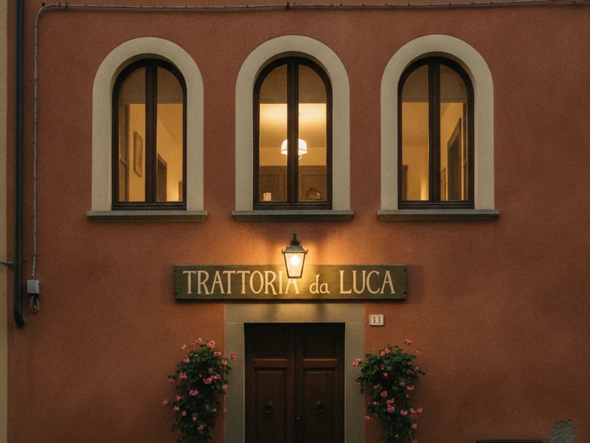 Fassade der Trattoria an der Baselstrasse am Abend