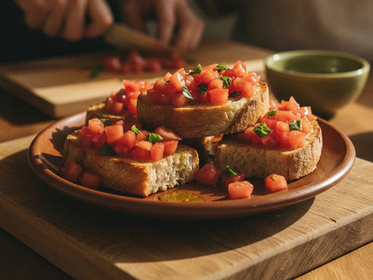 Bruschetta al pomodoro auf Holzbrett