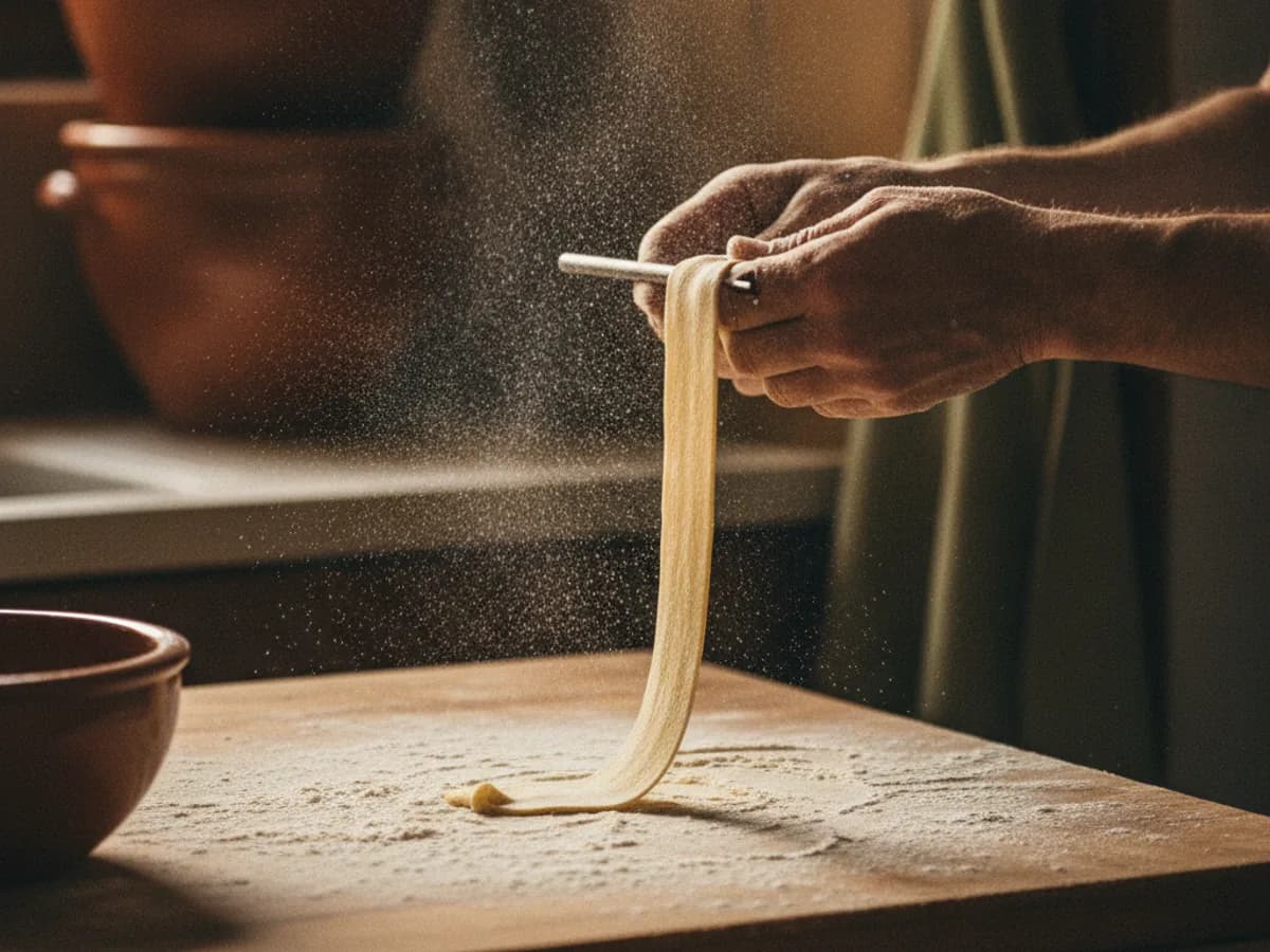 Hände rollen frischen Pasta-Teig am Stricknadel-Draht
