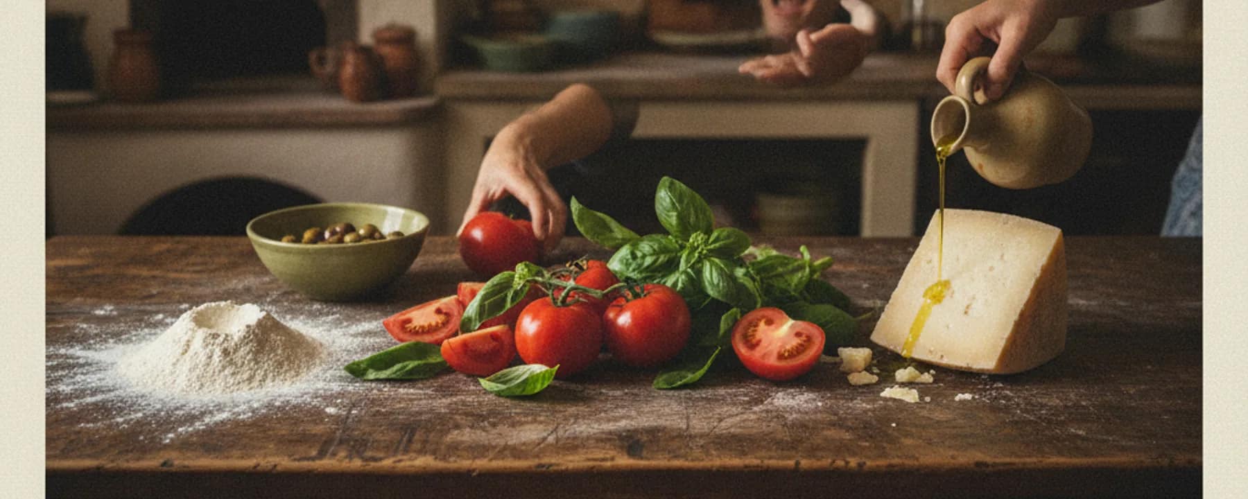 Frische Zutaten für die Küche: Tomaten, Basilikum, Pecorino